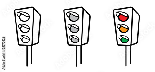 Stoplight. Cartoon, comic street traffic light. Drawing traffic lights signal icon or sign. Red, yellow and green. Road symbol. Signals for navigation. Stop, wait or go signboard.