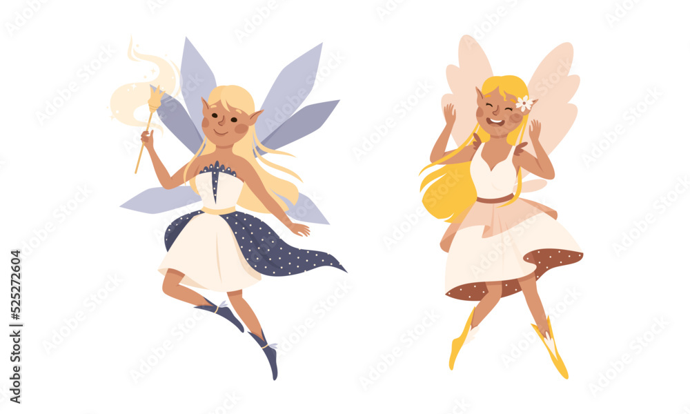 Happy lovely elf girls wearing nice dresses. Flying fairytale fairies vector illustration