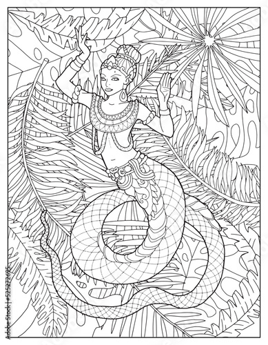 Coloring page illustration with Thailand demons and mythology creatures against nature background