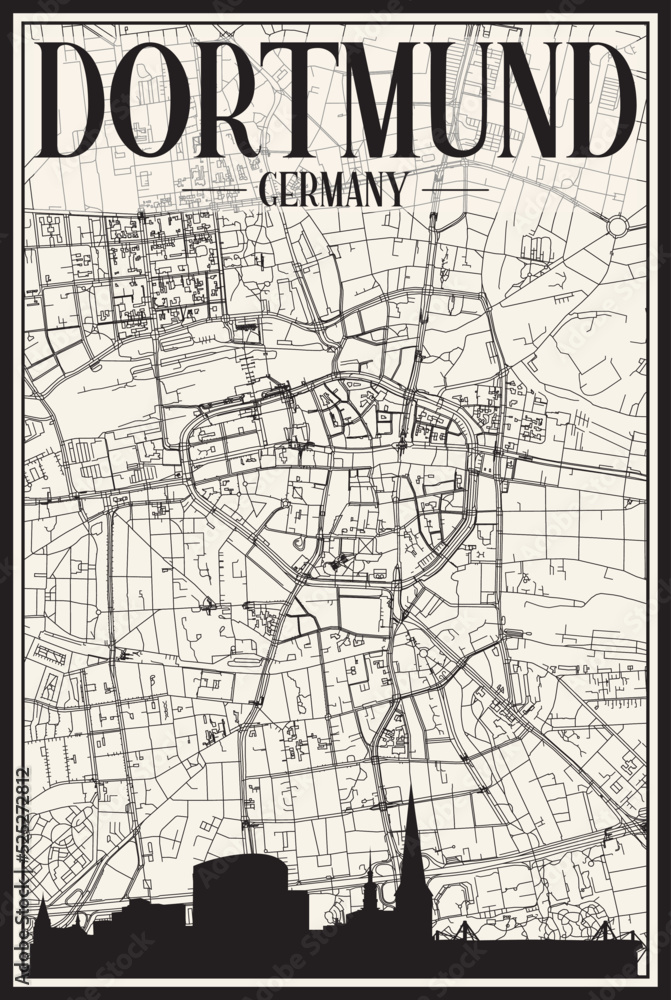 Obraz premium Light printout city poster with panoramic skyline and hand-drawn streets network on vintage beige background of the downtown DORTMUND, GERMANY