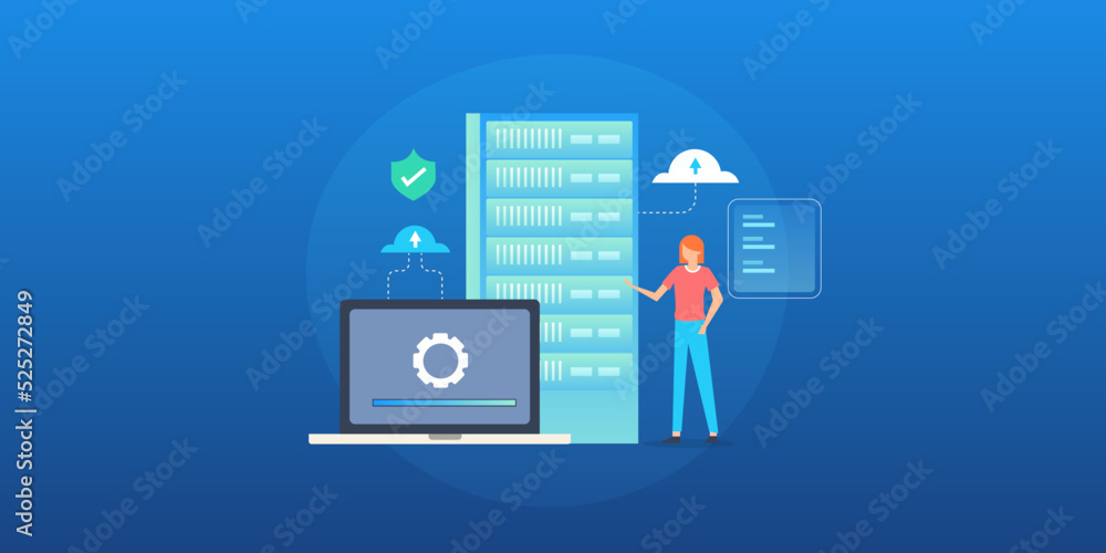 Woman technologist managing data center, internet sever communication and cloud computing concept. Woman technologist managing data center, internet sever communication and cloud computing concept.