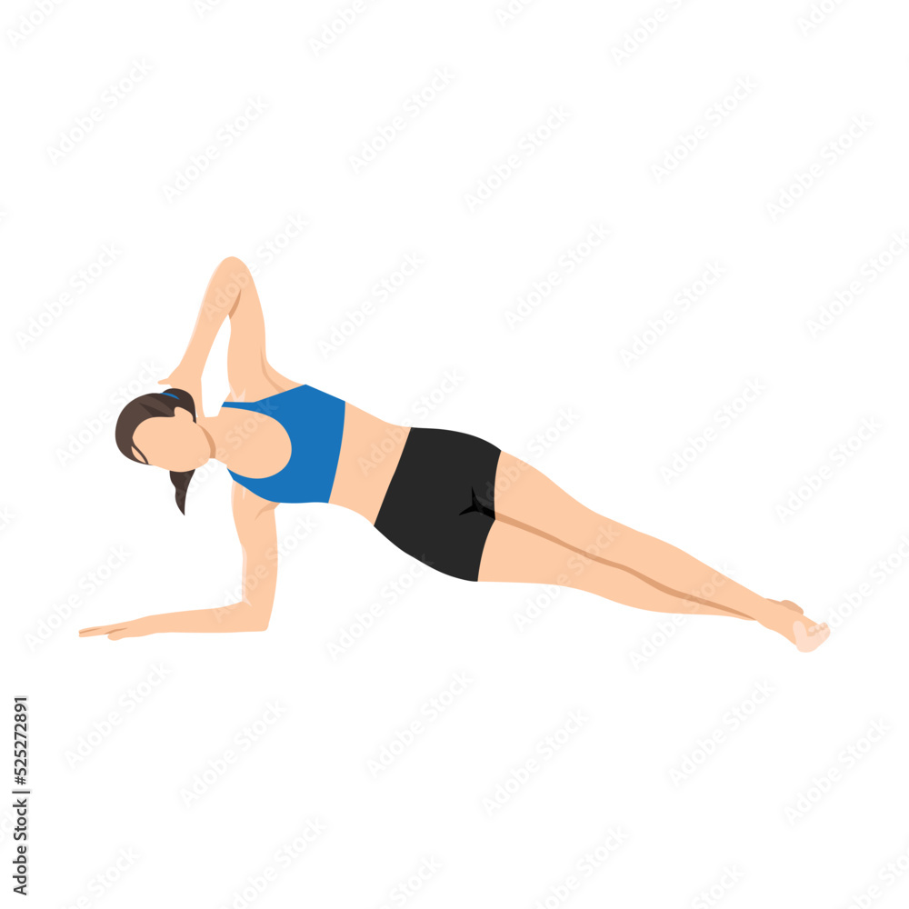 Woman doing Side plank with crossed legs exercise. Flat vector illustration isolated on white background Woman doing Side plank with crossed legs exercise. Flat vector illustration isolated on white background