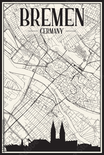 Light printout city poster with panoramic skyline and hand-drawn streets network on vintage beige background of the downtown BREMEN, GERMANY