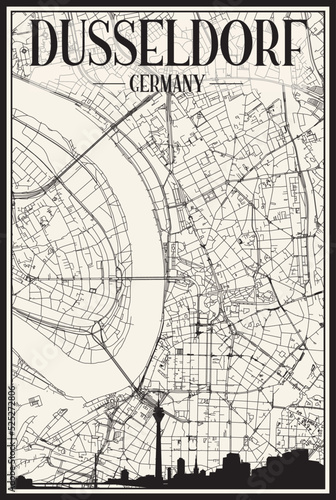Light printout city poster with panoramic skyline and hand-drawn streets network on vintage beige background of the downtown DUSSELDORF, GERMANY