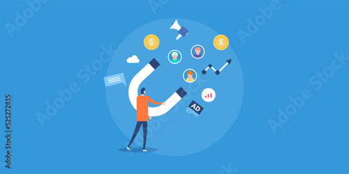 Customer acquisition and retention strategy, businessman with magnet attracting new customers with marketing and advertising spending concept.