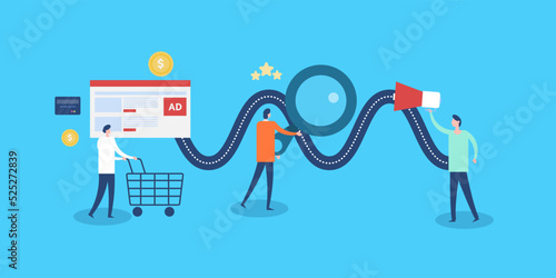 Customer journey concept. Product branding and marketing, Market research and comparison. Purchase decision making. 