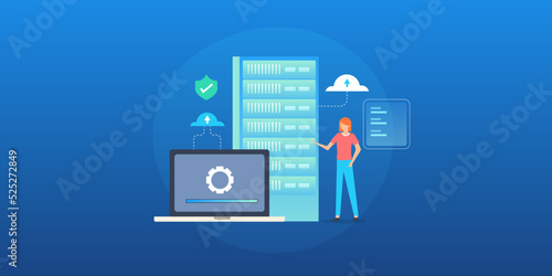 Woman technologist managing data center, internet sever communication and cloud computing concept.