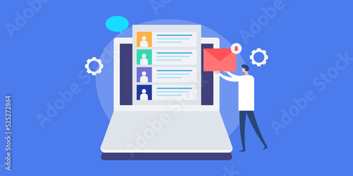 Businessman with red letter in hands, checking email message from laptop computer, internet communication concept.