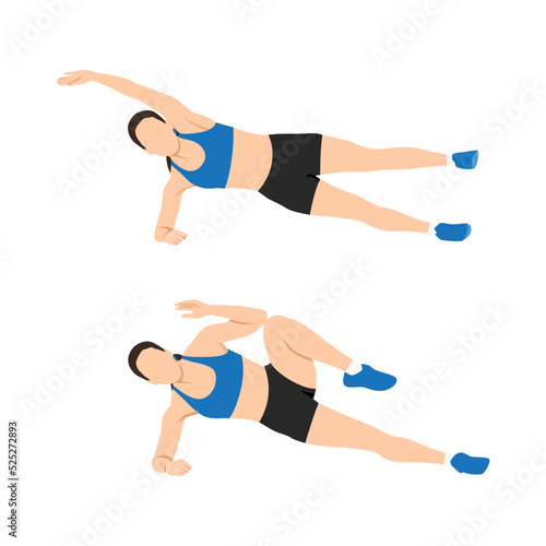 Woman doing Side plank Crunches exercise. Flat vector illustration isolated on white background