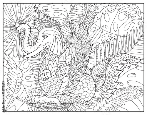 Coloring page illustration with Thailand demons and mythology creatures against nature background