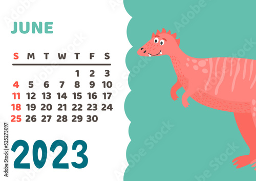 Cute dinosaur calendar template for children series. June
