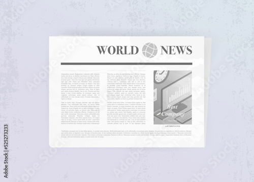 Realistic Newspaper vector illustration mockup concept. Weekly or daily newspaper with news sheet articles and advertising column with text and picture. Folded tabloid isolated on light background