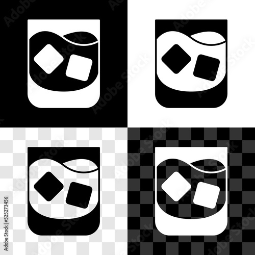 Set Glass of whiskey and ice cubes icon isolated on black and white, transparent background. Vector