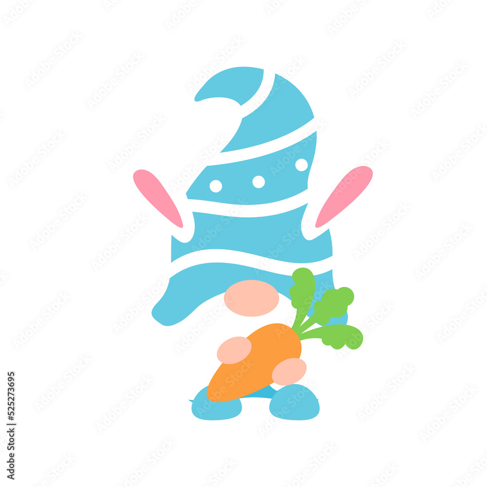 Cute gnomes wearing bunny ears hold carrots and colorful eggs in Easter. Isolated on background
