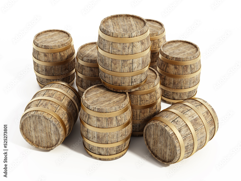 Aged stack of wine barrels isolated on white background. 3D illustration