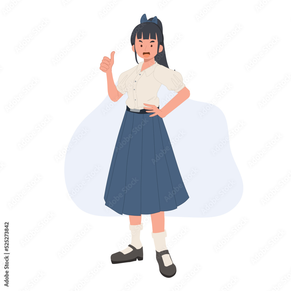 good job Body Language.Thai student girl Showing Positive Gestures. Show Thumb Up. Vector Illustration good job Body Language.Thai student girl Showing Positive Gestures. Show Thumb Up. Vector Illustration