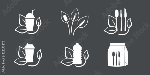 Fast food and take away vegan friendly eco packaging symbol for restaurant, cafe, bistro, diner. Plastic free and recyclable. Editable stroke. Vector stock illustration isolated on black background. 