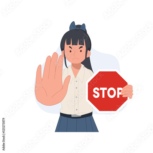 cute Thai student girl doing NO hand gesture ,holding a sign that says "Stop". vector illustration