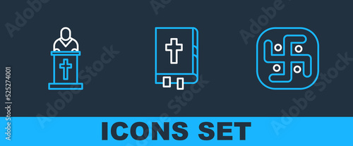 Set line Jainism, Church pastor preaching and Holy bible book icon. Vector