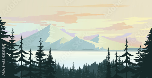 Landscape of mountains and lakes in the evening. Nature vector background image.