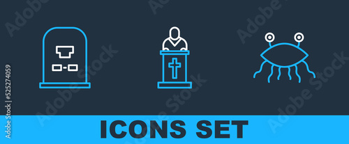 Set line Pastafarianism, Tombstone with RIP written and Church pastor preaching icon. Vector