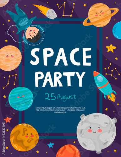 Space party, cartoon spacecrafts, starships and rockets in galaxy, vector cosmic banners. Kids party with fantasy planets or spaceships.
