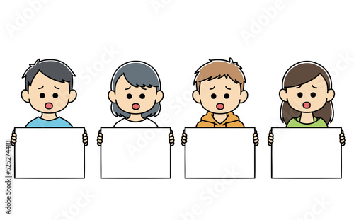 フリップを持つ　困り顔　子供たち　男の子 女の子　小学生　イラスト
