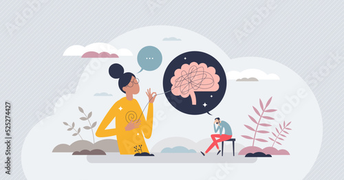 Counseling psychology and psychotherapy mind session tiny person concept. Mental care and medical help to solve bad mood, feeling or personality problems vector illustration. Brain anxiety treatment.