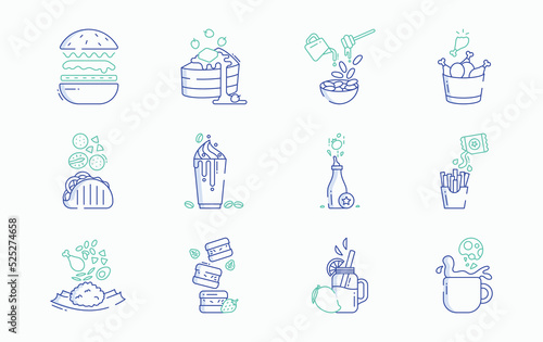 Food levitation and ingredients flying icon set