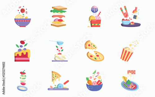 Food levitation and ingredients flying icon set
