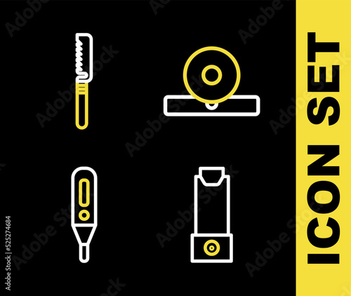 Set line Otolaryngological head reflector, Inhaler, Medical digital thermometer and saw icon. Vector