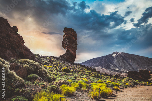 roques de Garcia stone and Teide mountain volcano in the Teide National Park Tenerife Canary Islands Spain