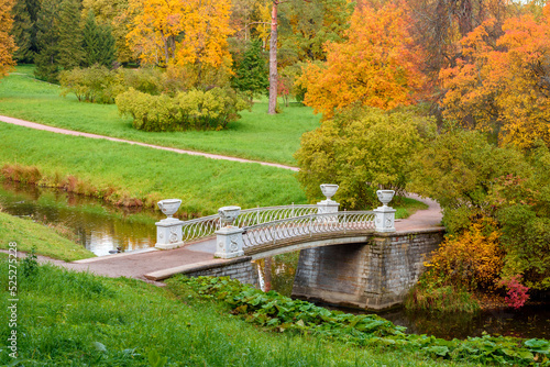 Bridge in autumn foliage in Pavlovsky park, Pavlovsk, Saint Petersburg, Russia