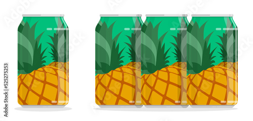 Aluminum can with pineapple drink. Storing cocktails and soda in jar. Flat cartoon vector isolated on white background