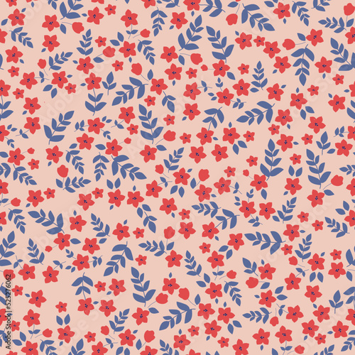 Simple vintage pattern. small red  flowers, blue leaves. light pink  background. Fashionable print for textiles and wallpaper.