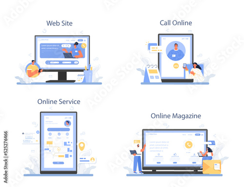 Call center operator online service or platform set. Technical support