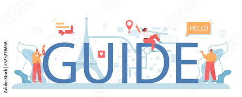 Guide typographic header. Tourists listening to the history of the city