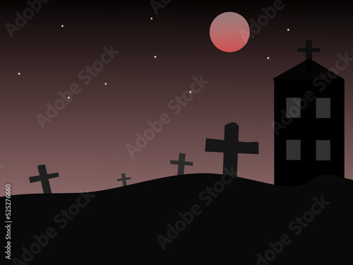 Illustration of cemetery at night with full moon.