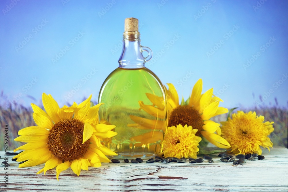 A bottle of oil, fresh sunflower flowers and seeds on the table, against the backdrop of a landscape with a flowering field, organic products, harvest, farm, sale, agriculture