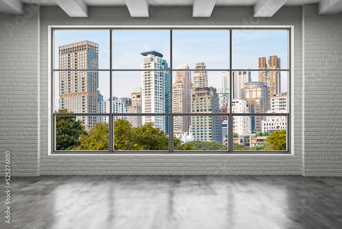 Empty room Interior Skyscrapers View Bangkok. Downtown City Skyline Buildings from High Rise Window. Beautiful Expensive Real Estate overlooking. Day time. 3d rendering.