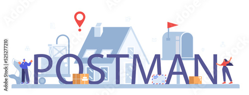 Postman typographic header. Post office staff providing mail service,