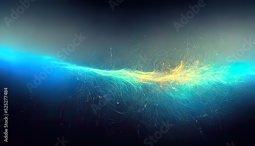 Electrical particles  lightning shock. Plasma  voltage illustration. Futuristic light particle. Yellow and blue.static burst. Electrocharge abstract wallpaper. 4K background. Science  technology 3d.