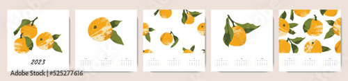 Calendar 2023, 12 months. Week start from Sunday. Event planner, organizer, schedule page design, weekly timetable. Mandarin, tangerine, orange, citrus fruit. Vector flat cartoon illustration