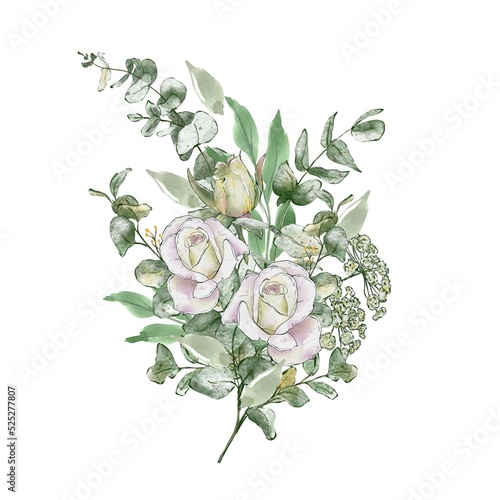 Watercolor Botanical composition of white flowers. Roses, magnolies and buds with greenery. photo