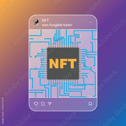 NFT nonfungible tokens background. Glowing blue and purple HUD elements with computer circuit board. Futuristic hi-tech digital concept. Abstract technology cover