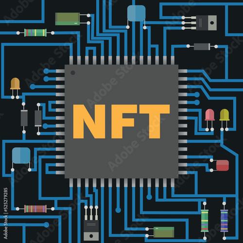 NFT token in blockchain technology in digital crypto art. NFT nonfungible token. Blue technology background. Digital currency concept.