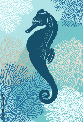 Sea horse and corals. Blue silhouette of a seahorse, silhouettes of corals, aquamarine stain. Vector illustration isolated on a light aquamarine background.