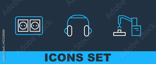 Set line Robotic robot arm hand factory, Electrical outlet and Headphones icon. Vector