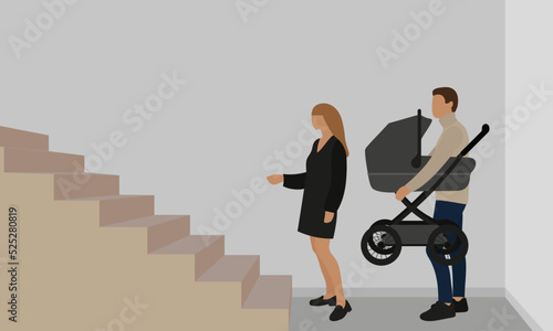 Man with a baby stroller in his hands and woman are standing in front of the stairs