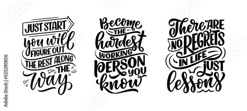 Set with hand drawn motivation lettering quotes in modern calligraphy style. Inspiration slogans for print and poster design. Vector